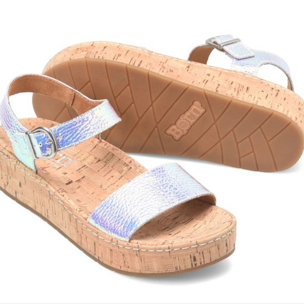 Born Sari Iridescent Silver Cork Platform Sandals 8